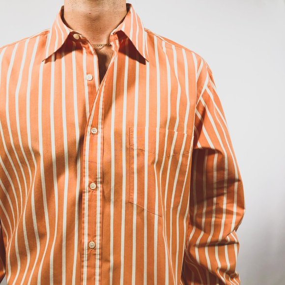 VTG J.Crew Orange White Stripe Long Sleeve Shirt M - Picture 3 of 5
